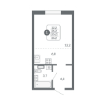 Студия, 26.2 м², жилая: 12.2 м², кухня: 6 м²