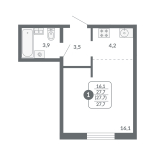 Студия, 27.7 м², жилая: 16.1 м², кухня: 4.2 м²