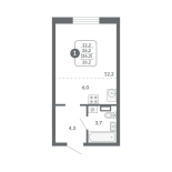 Студия, 26.2 м², жилая: 12.2 м², кухня: 6 м²