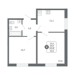 2-комнатная, 48.8 м², жилая: 29.5 м², кухня: 11.1 м²