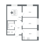 3-комнатная, 57.1 м², жилая: 10.4 м², кухня: 34.3 м²