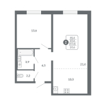 2-комнатная, 57.6 м², жилая: 35.2 м², кухня: 10 м²