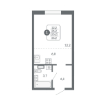 Студия, 26.2 м², жилая: 12.2 м², кухня: 6 м²